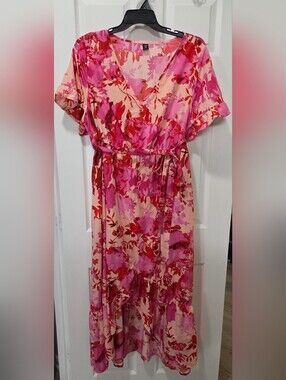 SHEIN Pink and Red Floral Belted Midi Dress